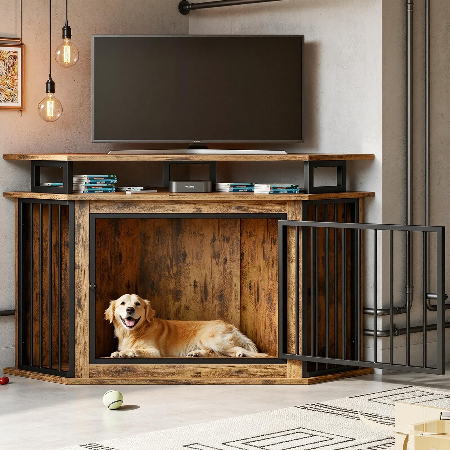 IRONCK Corner Dog Crate Furniture with 2-Tier Shelves – Wooden Pet Kennel for Large Dogs, Space-Saving TV Stand, Rustic Brown (26.7' L x 51.2' W x 33.5' H)