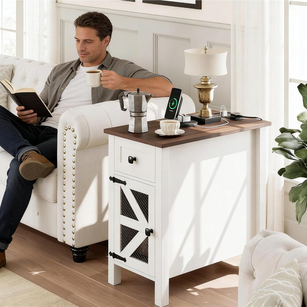 HAIOOU Farmhouse End Table with Charging Station, Narrow Side Tables for Living Room, Bedside Table with Storage Cabinet and Drawer, Slim Wood Nightstand for Small Space(Rustic White)