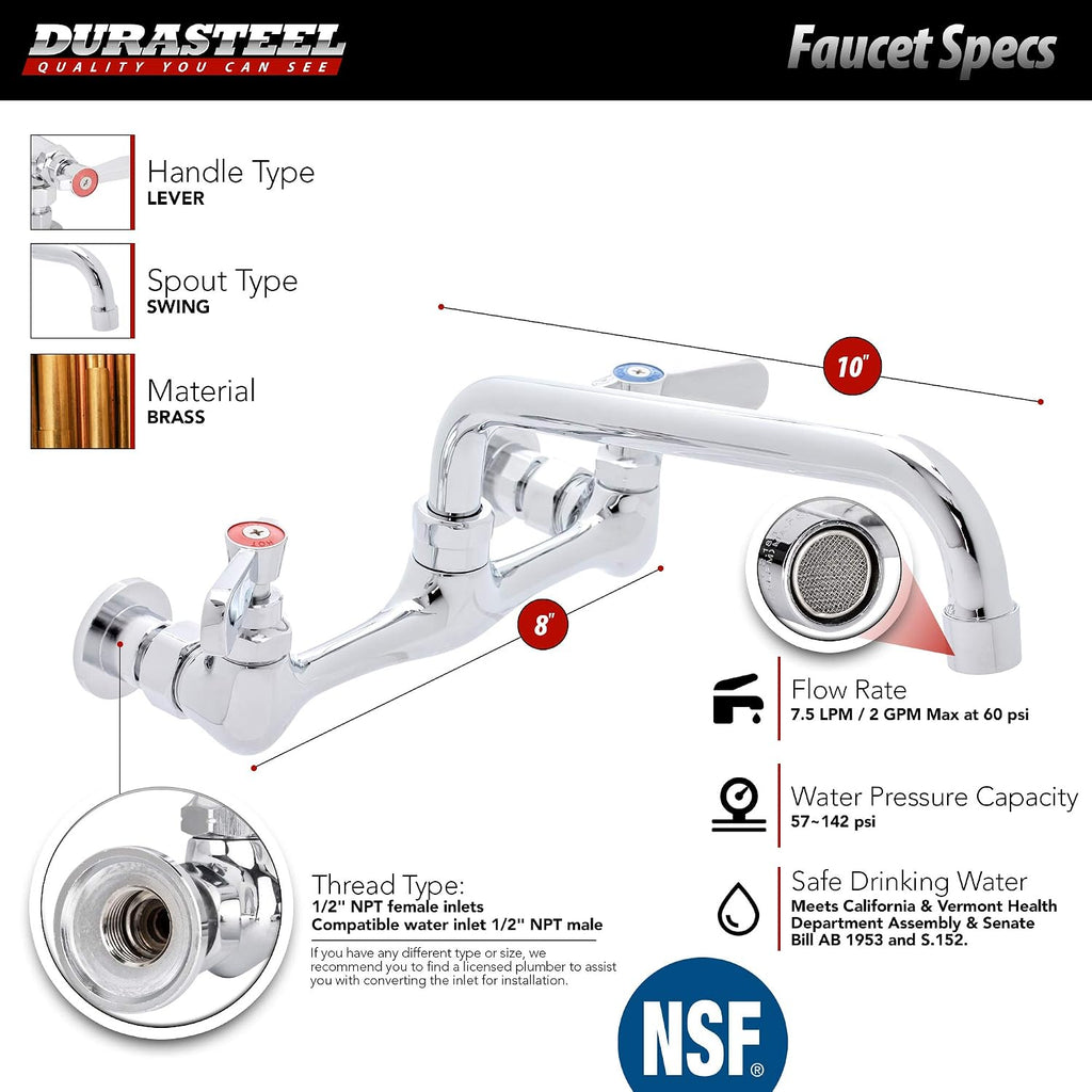 DuraSteel Stainless Steel Kitchen Sink - Triple 10' x 14' x 10' Bowl with No Lead Faucet - 3 Compartment Commercial Sink w/ Drainboards - For Restaurant, Laundry, Garage & Backyard - NSF Certified