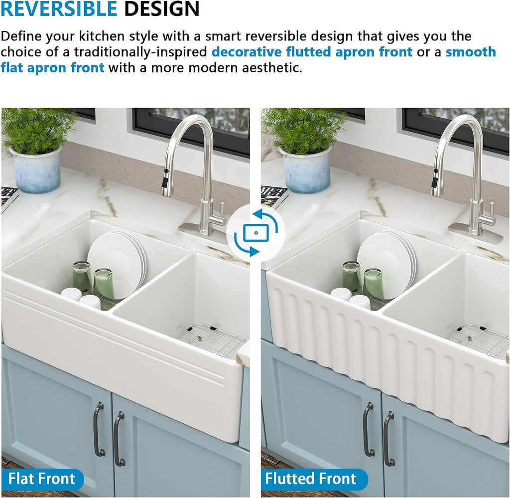 33 White Farm Sink Double Bowl - Fulorni 33'×18' Farmhouse Kitchen Sink Reversible Apron Front Double Bowl 50/50 Ceramic Porcelain Fireclay Farmer Style Basin