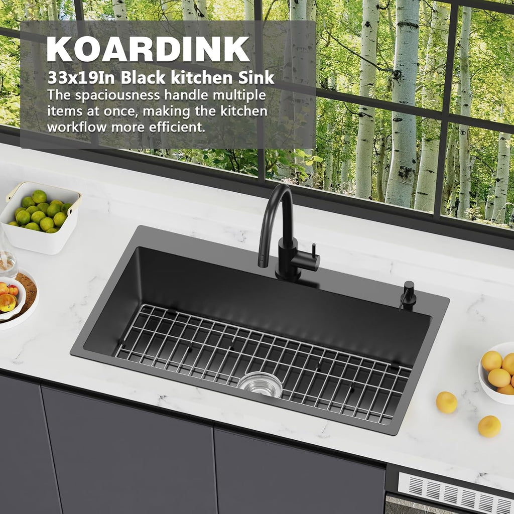 Black Kitchen Sink, 33x19 Inch Stainless Steel Drop In Modern Large Single Bowl Topmount Kitchen Sink Gift Combo-SS Grid,Silicon Mat, Drain Strainer Set Compatibility With Various Kitchen&Bar Styles
