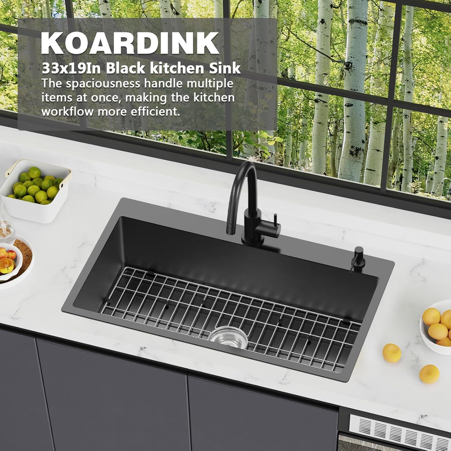 Black Kitchen Sink, 33x19 Inch Stainless Steel Drop In Modern Large Single Bowl Topmount Kitchen Sink Gift Combo-SS Grid,Silicon Mat, Drain Strainer Set Compatibility With Various Kitchen&Bar Styles