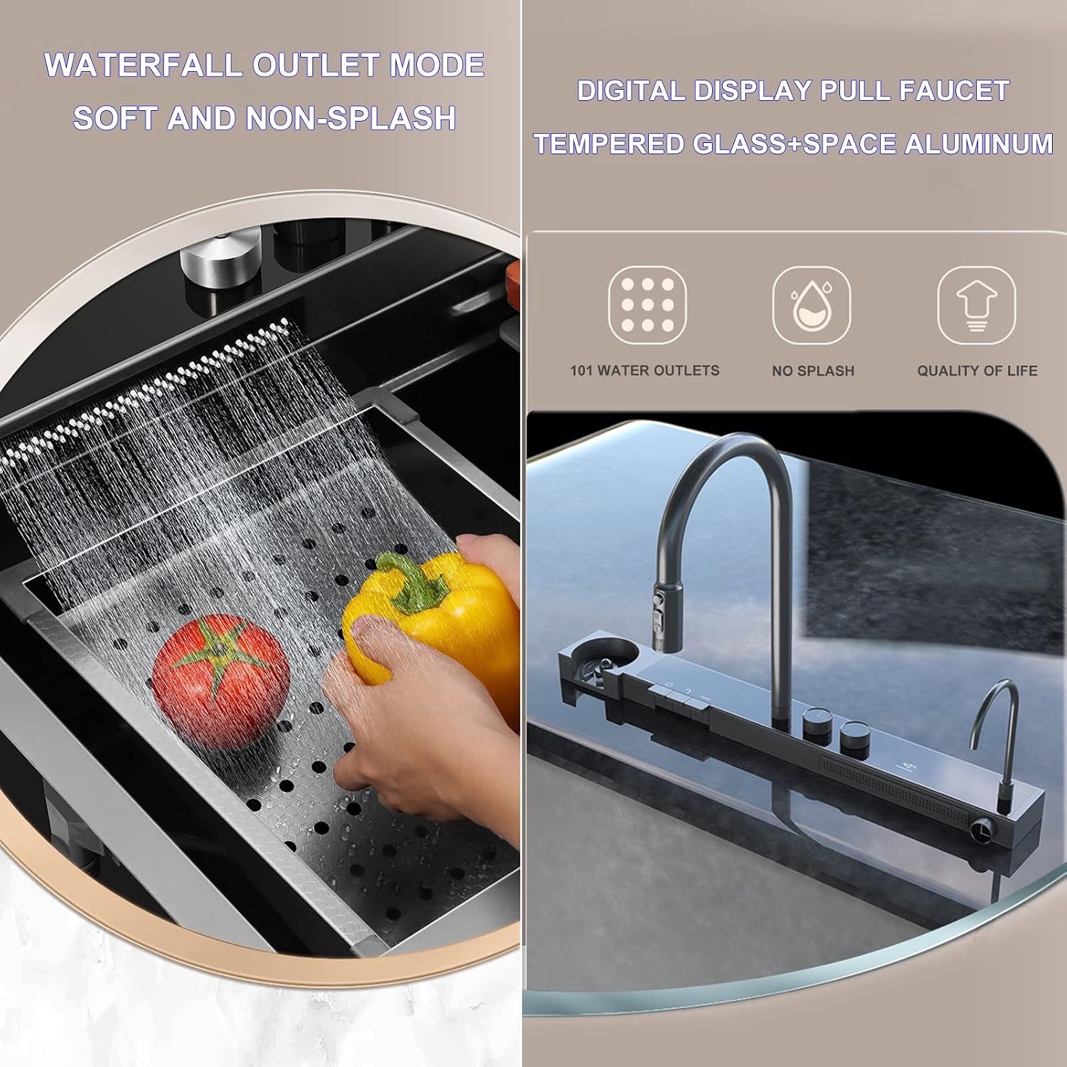 Large Single-Bowl Kitchen Sink 304 Stainless Steel Digital Display Waterfall Sink Multifunctional Bar Sink RV Sink with Pull-Type Faucet Top Mount Or Under (
