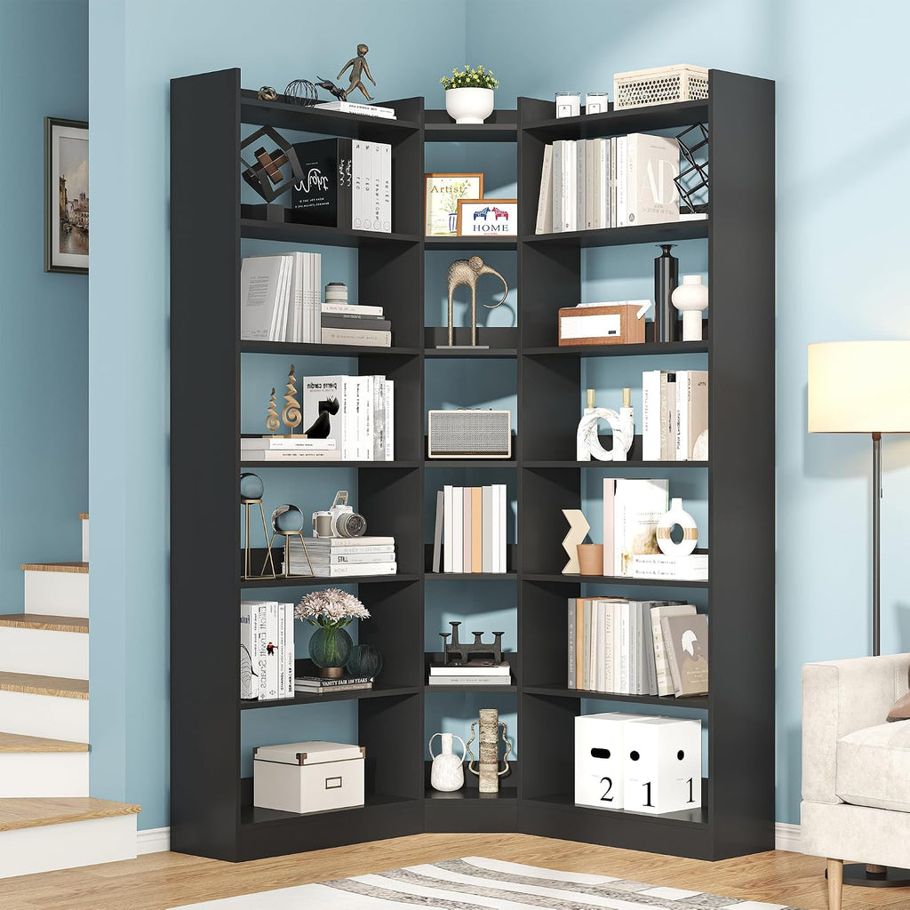 Nosepen 70.8' Tall Corner Bookshelf and Bookcases, 7 Tiers Morden Large Etagere Bookcases Storage Display Rack with Baffle, Industrial L-Shaped Bookshelves for Bedroom, Home Office, Living Room, Black