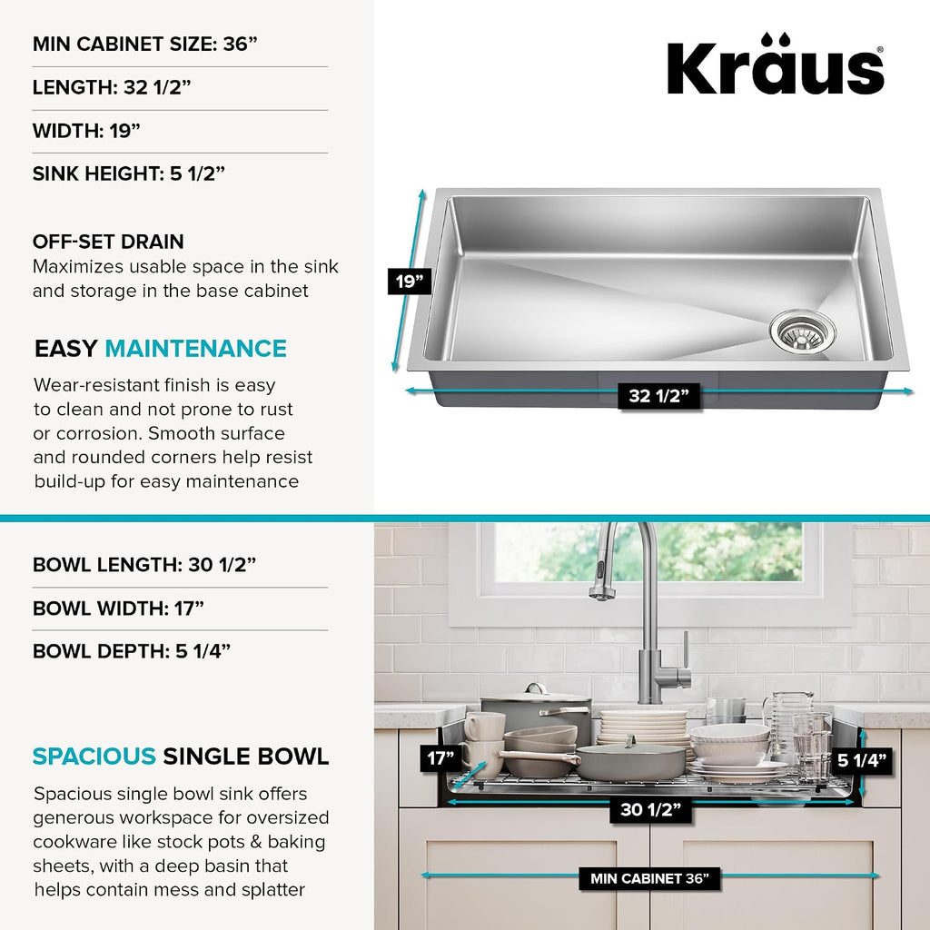 KRAUS Fairlane 33-inch ADA Compliant Undermount Single Bowl 18-Gauge Stainless Steel Kitchen Sink, KHU640-33-5.5