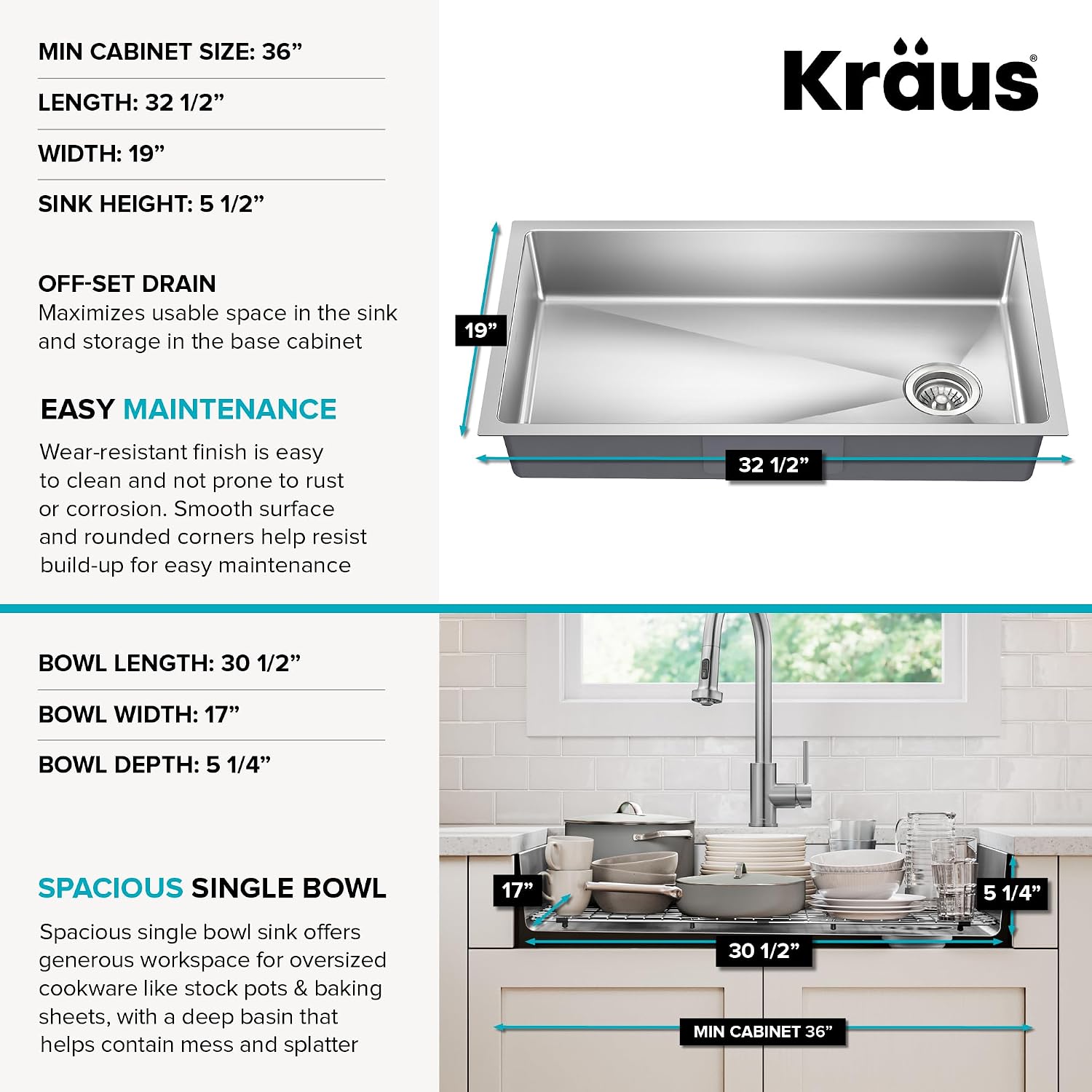 KRAUS Fairlane 33-inch ADA Compliant Undermount Single Bowl 18-Gauge Stainless Steel Kitchen Sink, KHU640-33-5.5