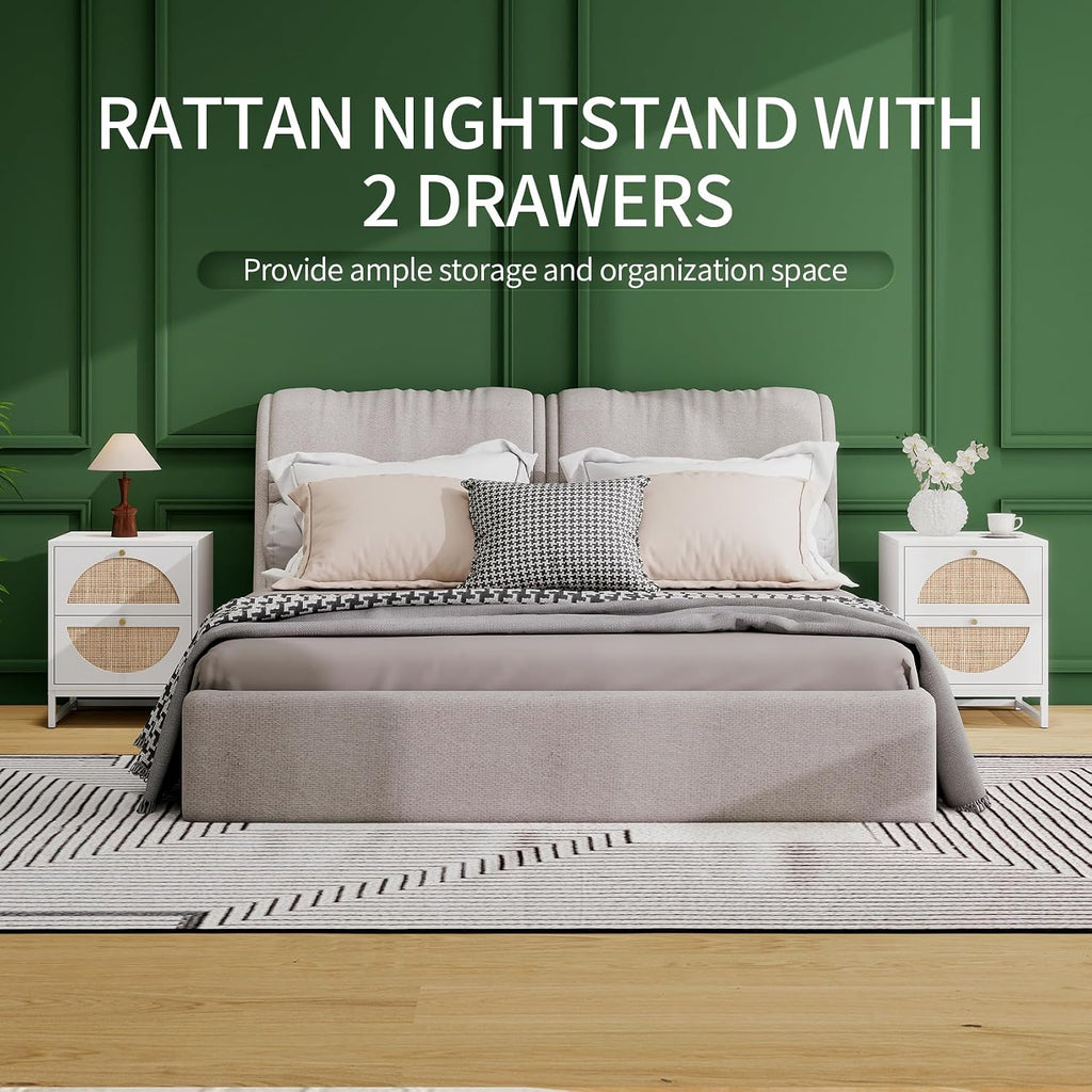 Rattan Nightstand, Boho Bedside Tables with 2 Drawer, Rustic End Table with Storage, Side Table for Living Room, Bed Room, Office, White, Set of 2