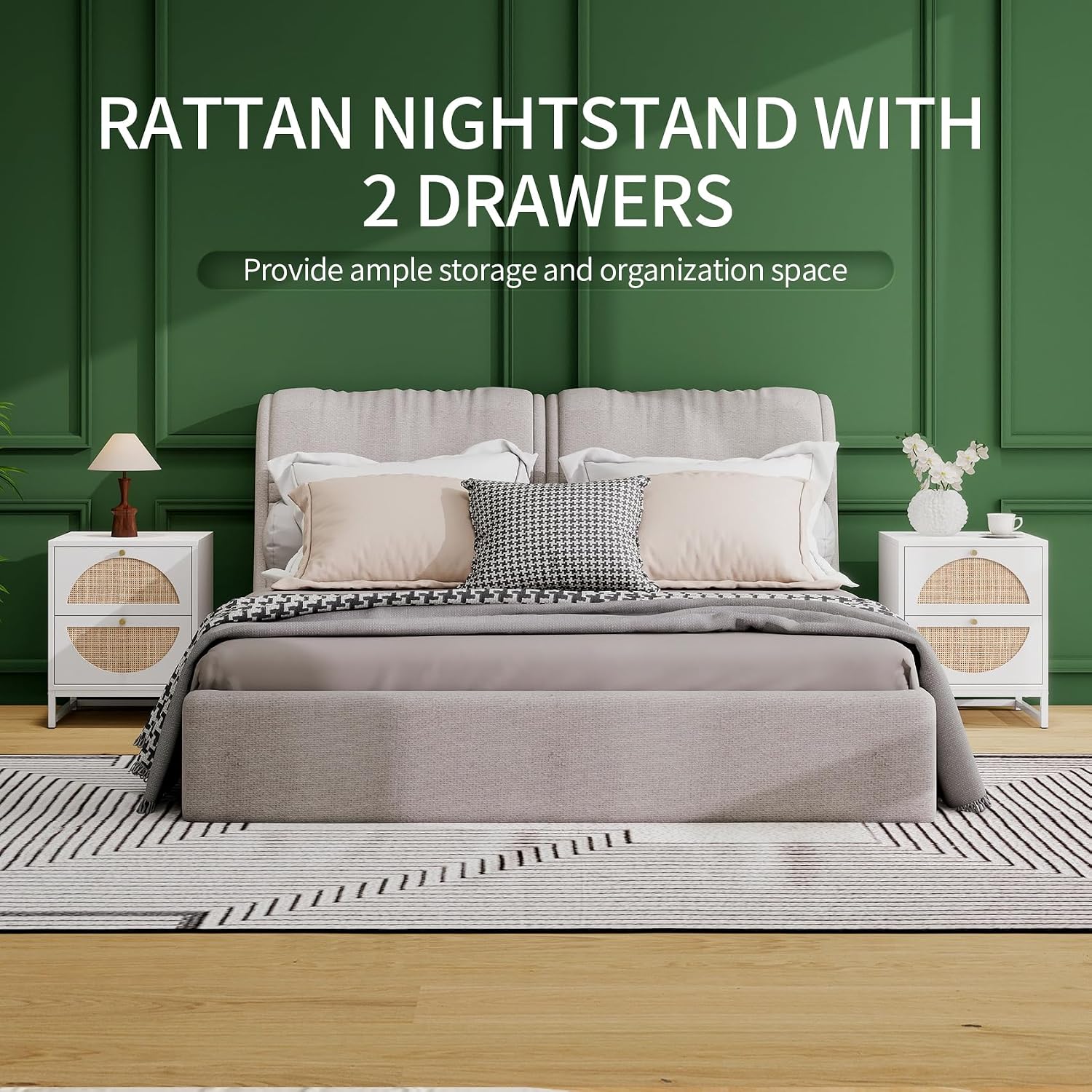 Rattan Nightstand, Boho Bedside Tables with 2 Drawer, Rustic End Table with Storage, Side Table for Living Room, Bed Room, Office, White, Set of 2