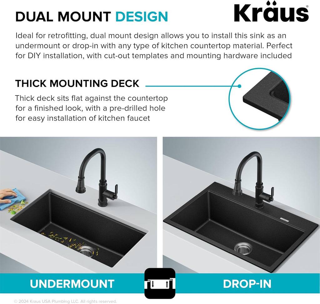 KRAUS Quarza 31-inch Drop-In/Undermount Single Bowl Granite Kitchen Sink in Black Onyx, KGD-412B