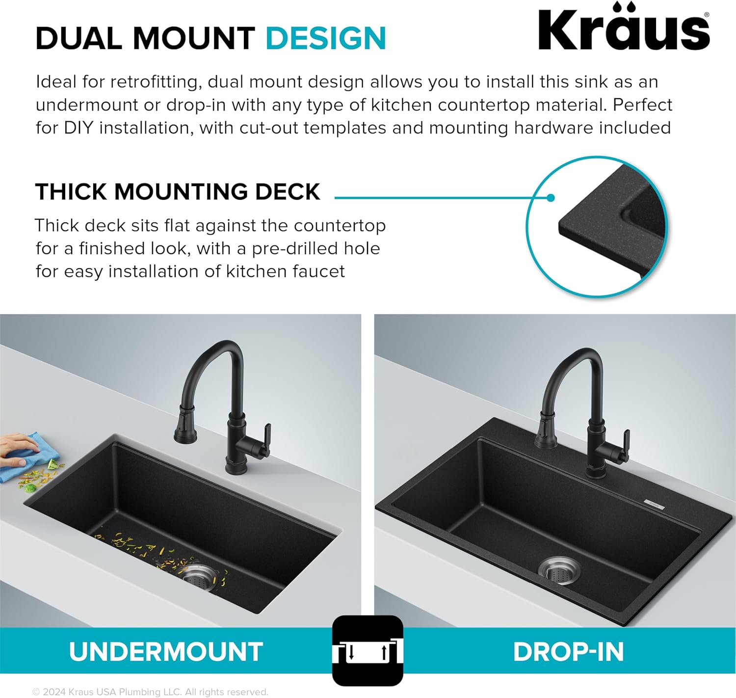 KRAUS Quarza 31-inch Drop-In/Undermount Single Bowl Granite Kitchen Sink in Black Onyx, KGD-412B