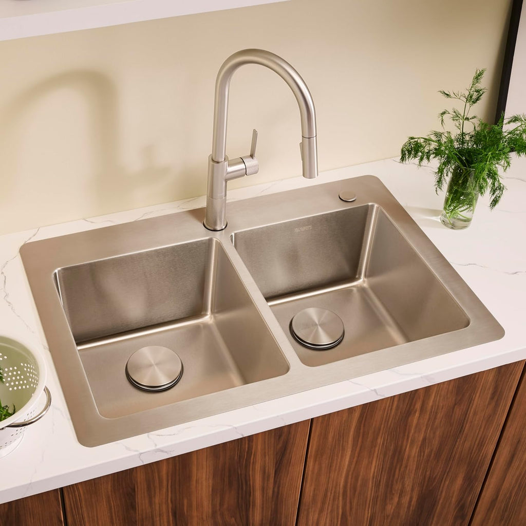 Ruvati 33 x 22 inch Topmount Kitchen Sink – 50/50 Double Bowl Kitchen Sinks, 16 Gauge T-304 Stainless Steel Kitchen sink, Drop-in Sink, Brushed Finish – RVM5150