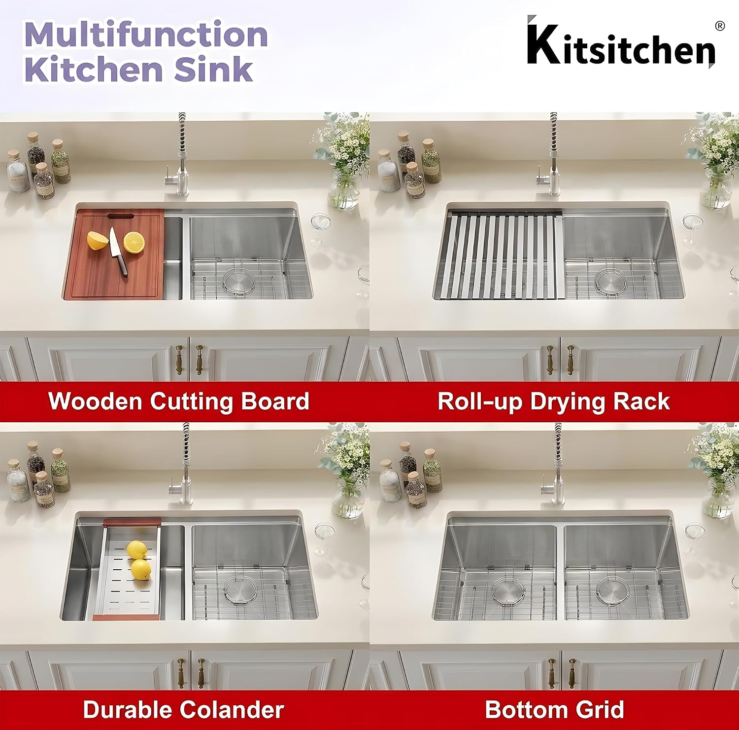 Kitsitchen Undermount Kitchen Sink, 16 Gauge 304S Stainless Steel Workstation Sink, 30' x 18' x 10' Large and Deep Handmade Double Bowl Kitchen Sinks with Accessories