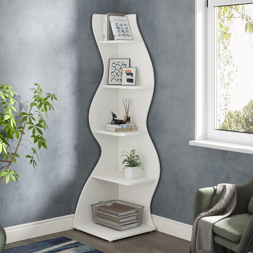 Tribesigns Corner Shelf, Modern 5-Tier Wall Corner Bookshelf Set of Two, Stylish Corner Small Bookcase Storage Rack Plant Stand for Living Room, Home Office, Kitchen, Small Space White, 2PCS