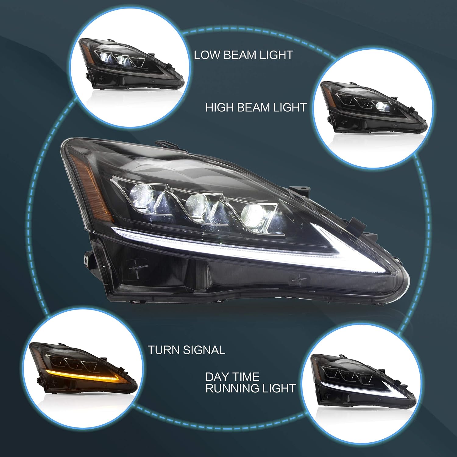 VLAND Headlights and Tail lights Fit for Lexus IS250 IS350 IS22d 2006-2012, ISF 2008-2014 4-Door, Amber+ Smoked