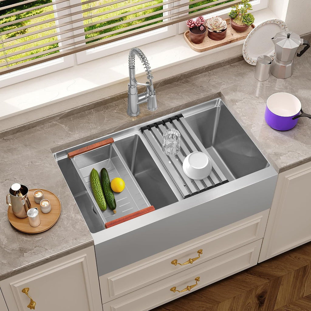 Kitsitchen Double Bowl Farmhouse Kitchen Sink, 16 Gauge 304S Stainless Steel Farm Sinks, 30' x 22' x 10' Large and Deep Workstation Sinks with Accessories,50/50 Double Bowl Feature