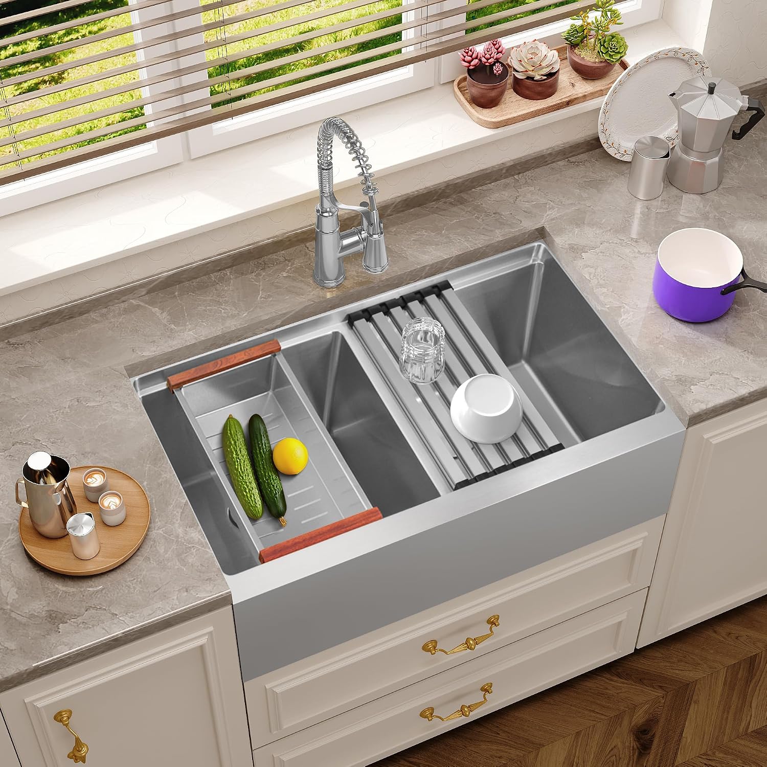 Kitsitchen Double Bowl Farmhouse Kitchen Sink, 16 Gauge 304S Stainless Steel Farm Sinks, 30' x 22' x 10' Large and Deep Workstation Sinks with Accessories,50/50 Double Bowl Feature