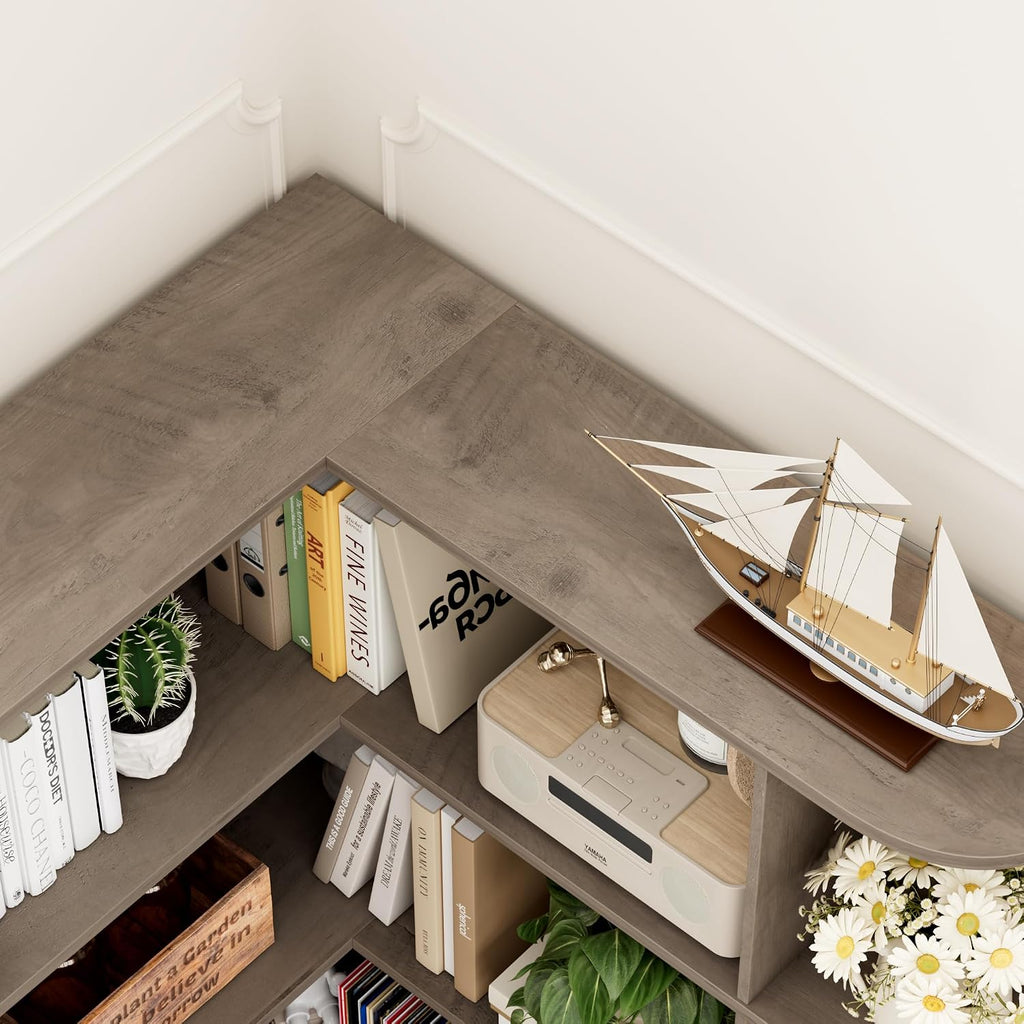 FOTOSOK 72' Tall Corner Bookshelf, 6-Tier Bookshelf and Bookcase with Open Storage, Tall Bookcases Wooden Storage Shelves for Home Office, Thickened Boards for Better Load Bearing, Vintage Grey