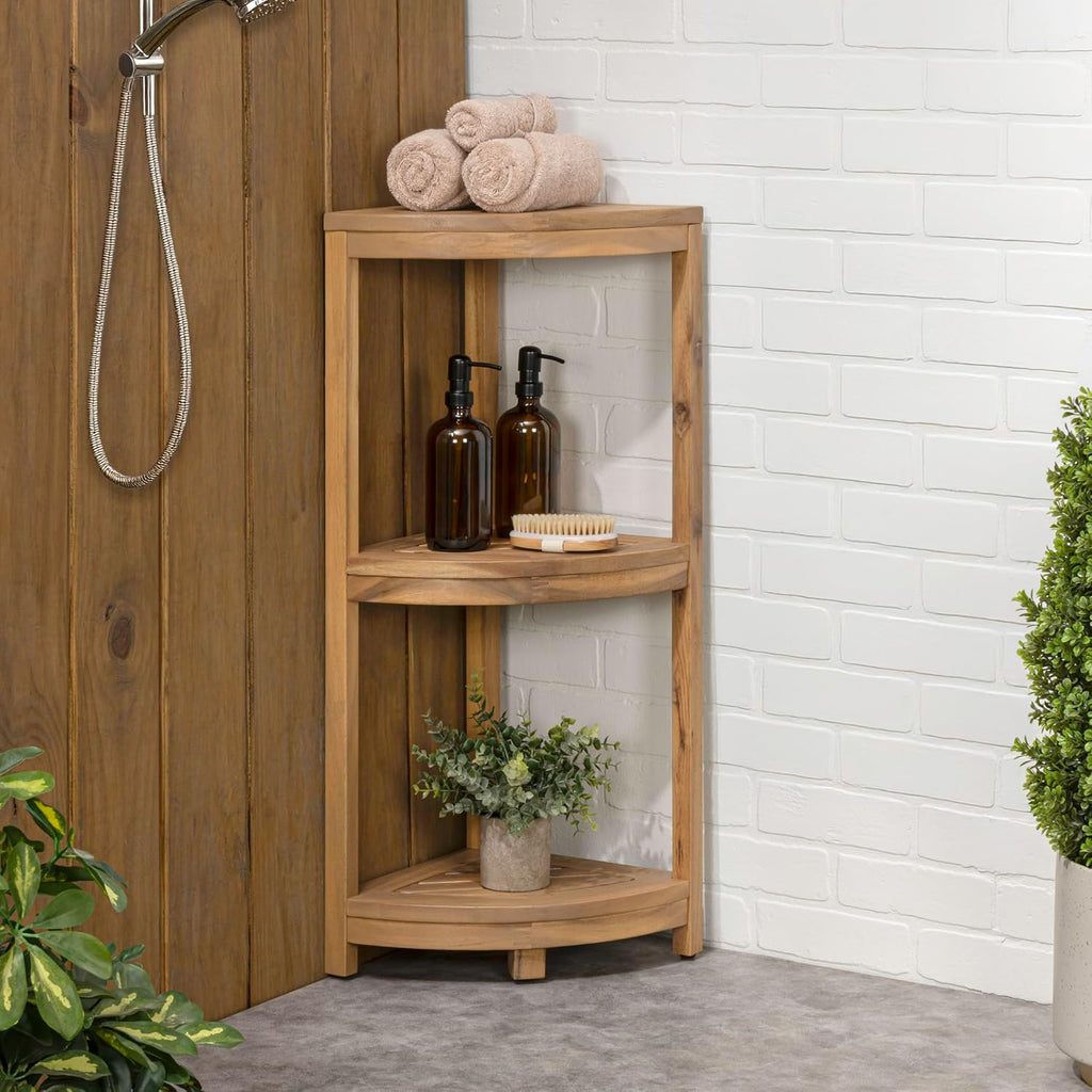 happimess SHF1000T Sela 33' Classic Minimalist 3-Tier Acacia Wood Freestanding Bathroom Corner Shelf, Shower Organizer, Storage Rack for Bath, Office, Kitchen Desktop, Light Teak