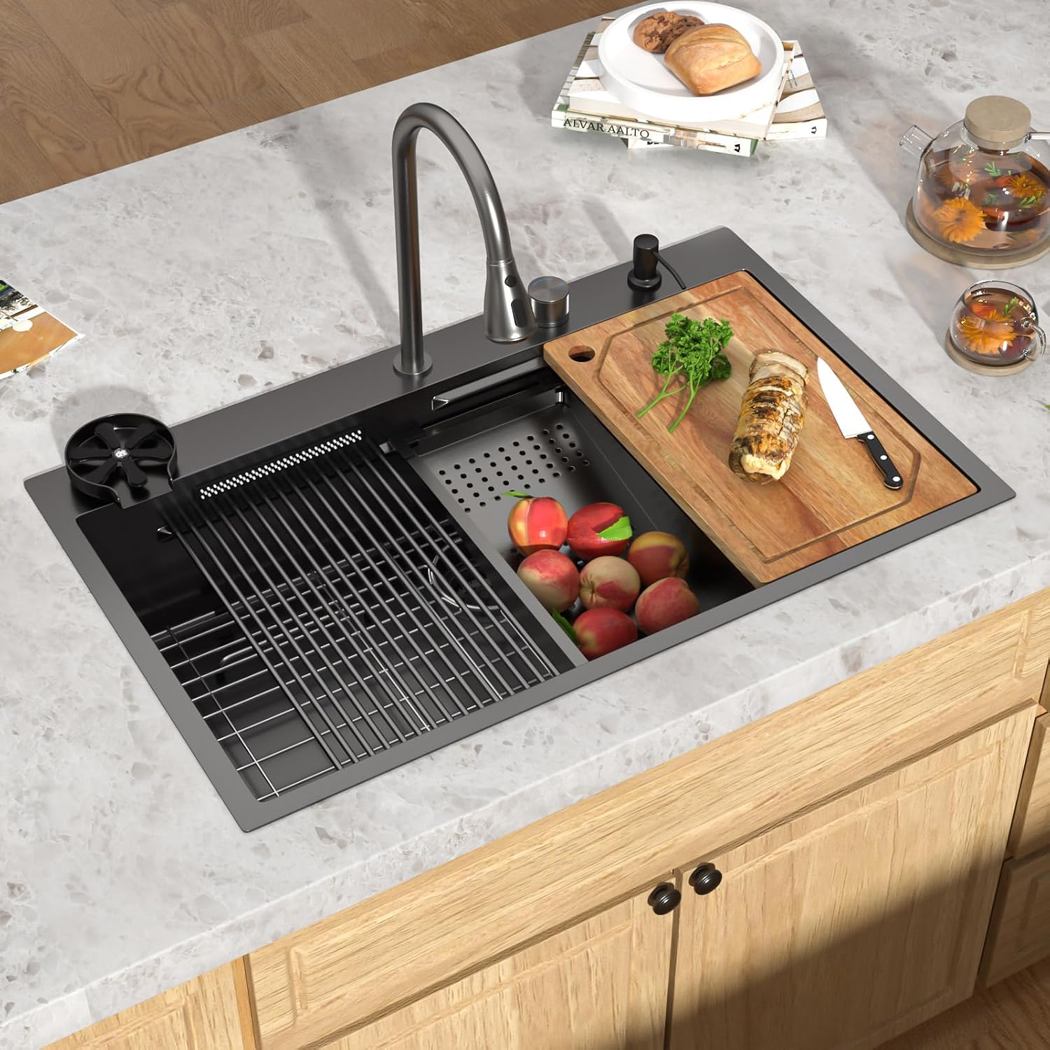 36 Inch Black Drop In Kitchen Sink with Faucet Waterfall 16 Gauge Stainless Steel Workstation All-In One Single Bowl 3-Holes Sink with Cup Washer, Soap Dispenser, Gunmetal Black #TLWF-0032