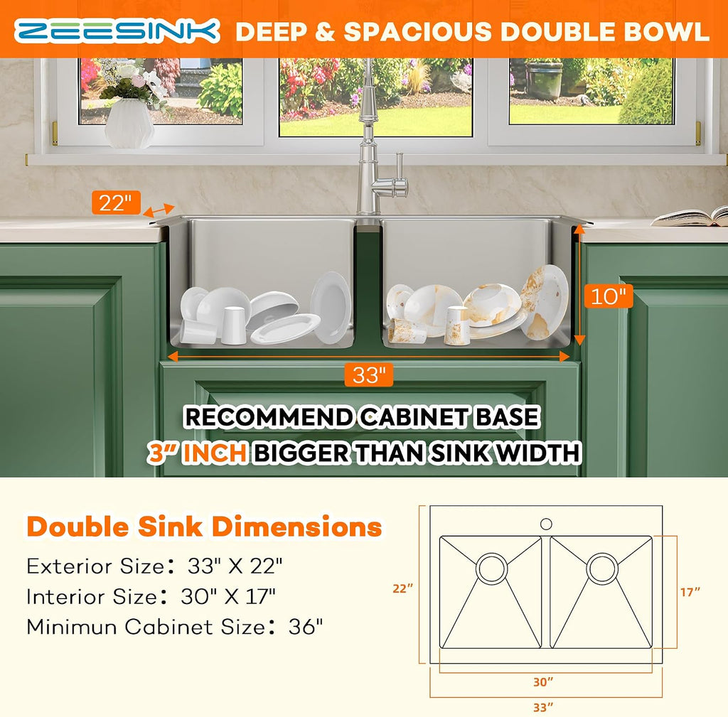 33 X 22 inch Drop in Kitchen Sinks Double Bowl,16 Gauge Stainless Steel 50/50 Double Sink,Top Mount/Drop In Double Kitchen Sink 33 inch