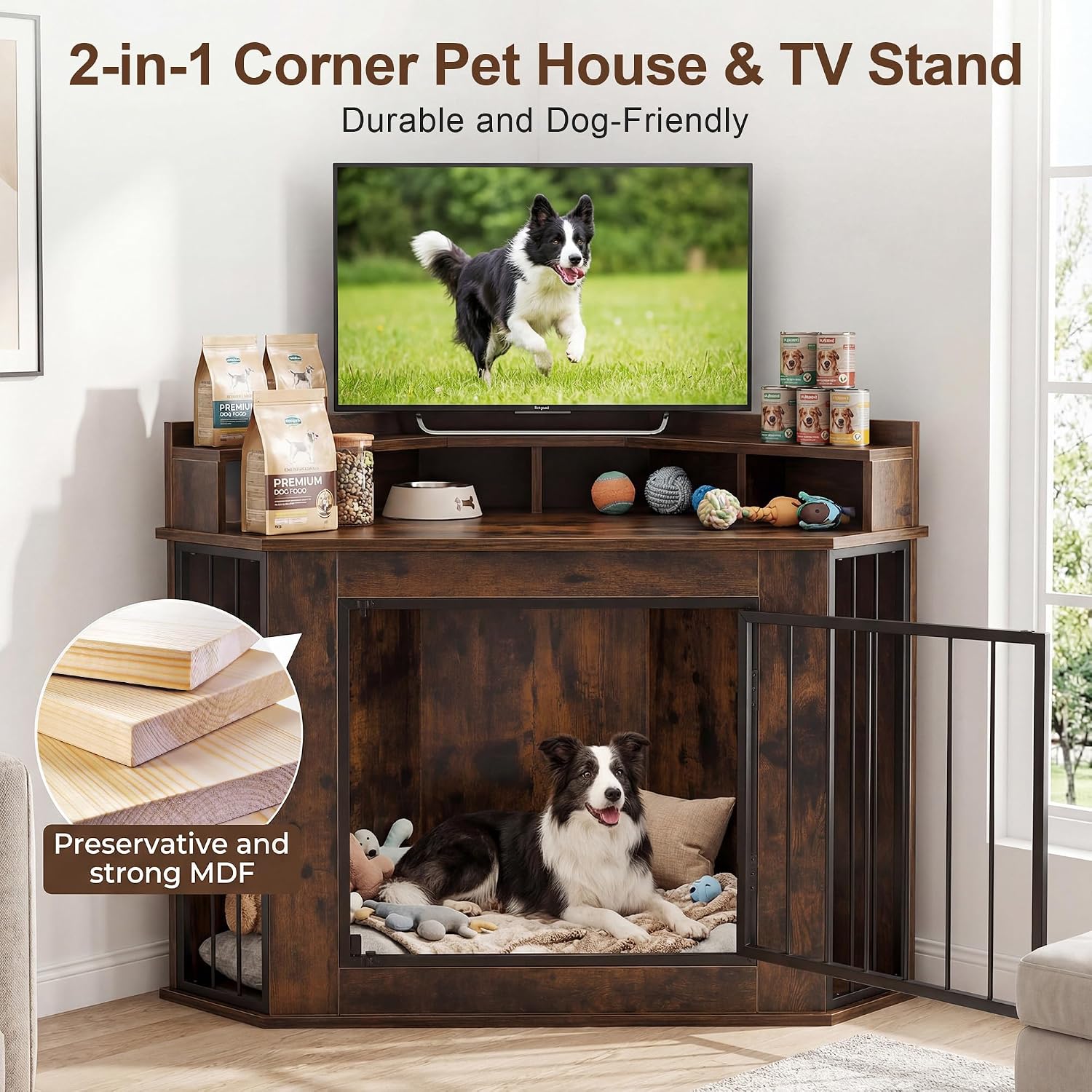 Corner Dog Crate Furniture for Small, Medium Dogs | Heavy Duty Wooden Kennel, 2-Tier Storage Shelves, Anti-Chew Design, Space-Saving, Indoor Use as TV Stand or End Table