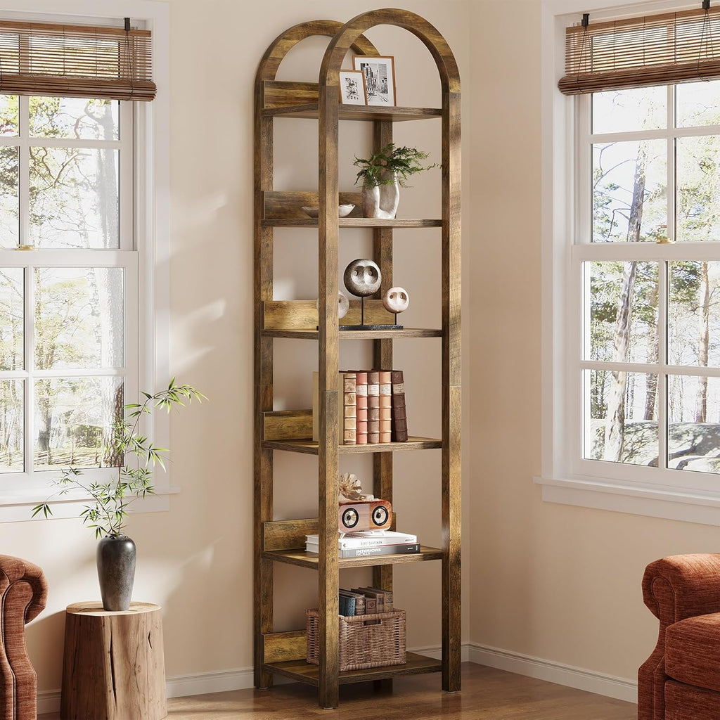 Tribesigns 6-Tier Narrow Bookshelf, 71' Tall Arched Bookcase with Shelves for Small Space, Skinny Wooden Display Shelf Open Storage Rack for Living Room, Home Office, Bathroom, Kitchen, Brown