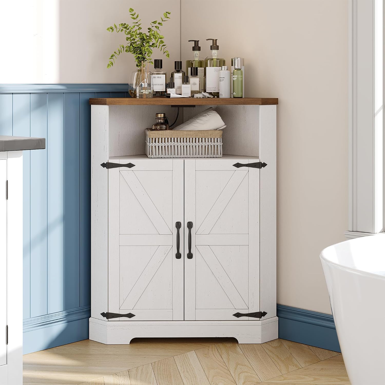 Vabches Farmhouse Corner Cabinet with Charging Station,Small Corner Storage Cabinet with Barn Doors and Adjustable Shelves for Living Room,Bathroom,and Kitchen