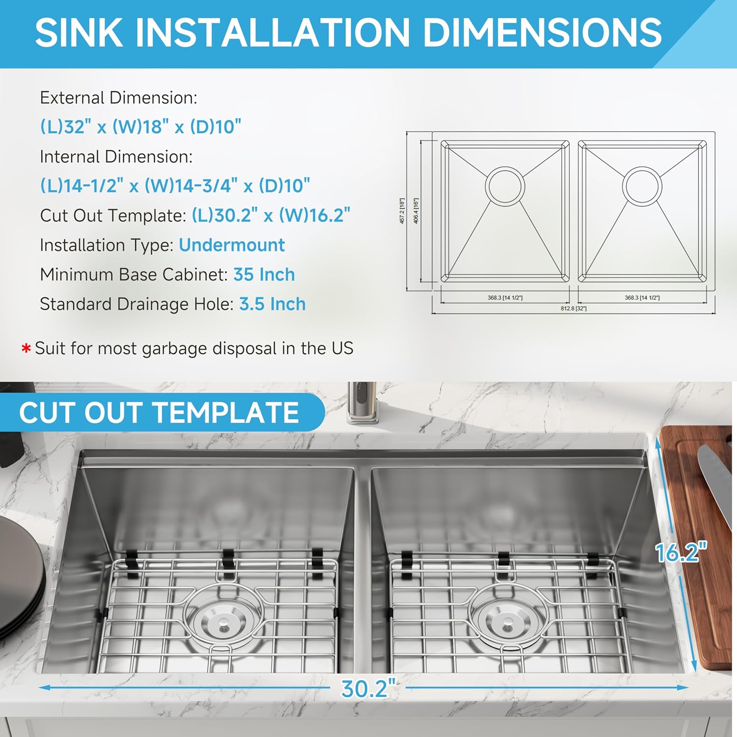 32 Inch Workstation Undermount Double Bowl Kitchen Sink, 16 Gauge 304 Stainless Steel Handmade Spacious Deep Kitchen Sinks, Accessories and Ledge Included, 32' x 18' x 10'