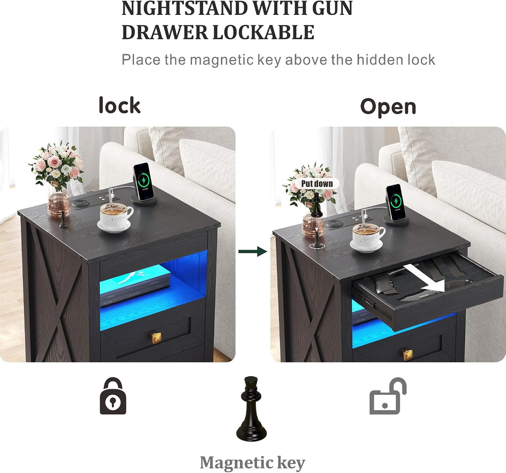 Farmhouse LED Nightstand with Gun Drawer&Invisible Lock,Modern Bedside Table with Human Sensor Design,Rustic Side Table with Wireless Charging for Living Room, Black