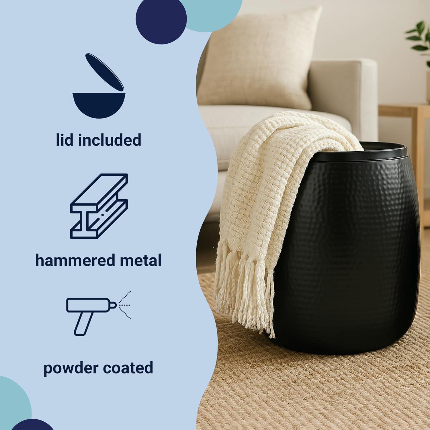 happimess SSL2000A Merida 19' Modern Rustic Hammered Metal Drum Storage Side Table with Lid, End Table for Decoration in Living Room, Bedroom, Bathroom, Matte Black