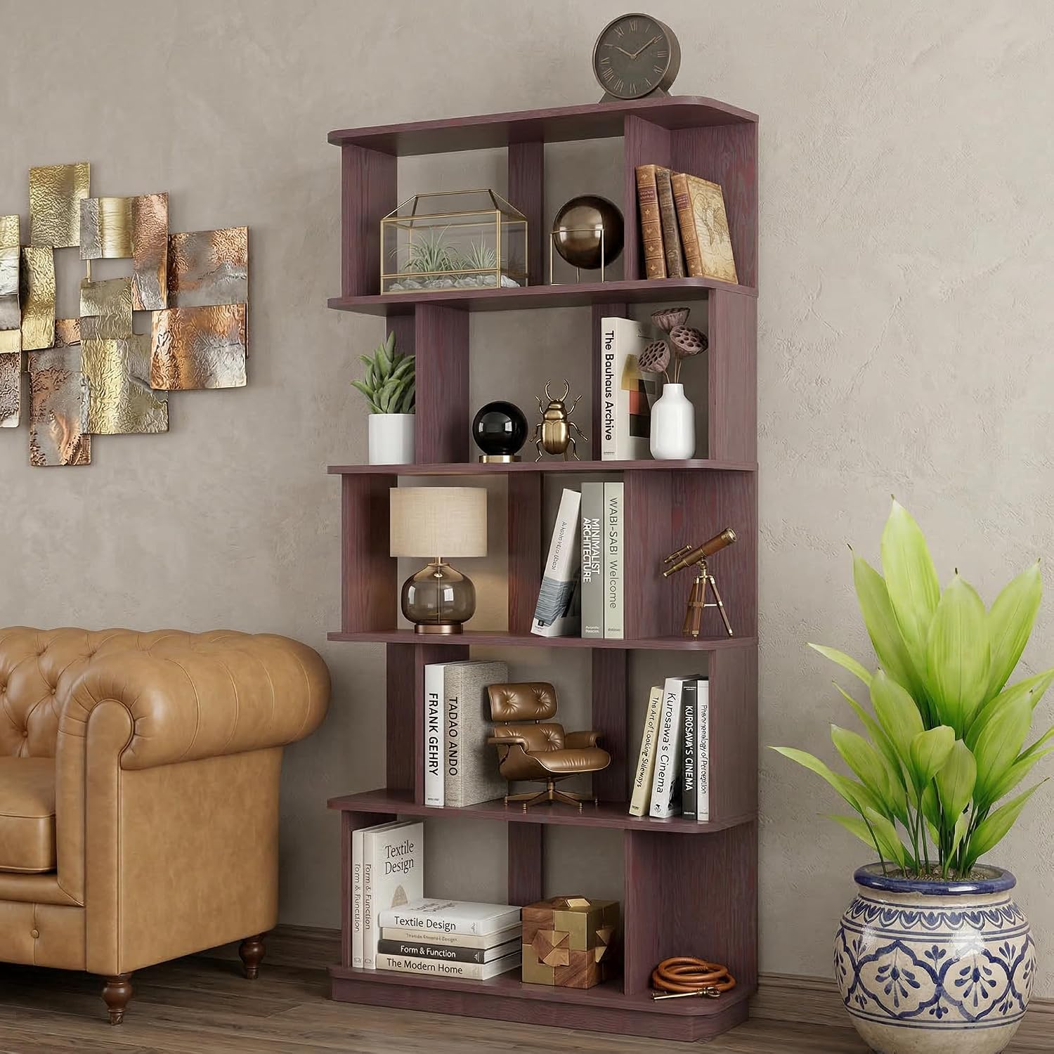 5-Tier Tall Bookshelf, Narrow Wood Bookcase, Ox Blood Red | 64.56' freestanding open display shelf for books, décor, and storage in living rooms, bedrooms, or home offices
