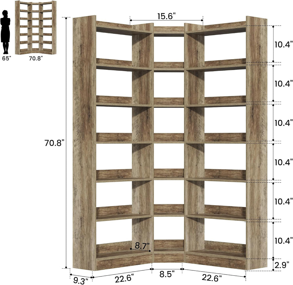 Nosepen 70.8' Tall Corner Bookshelf and Bookcases, 7 Tiers Morden Large Etagere Bookcases Storage Display Rack with Baffle, Industrial L-Shaped Bookshelves for Bedroom, Home Office, Living Room, Brown