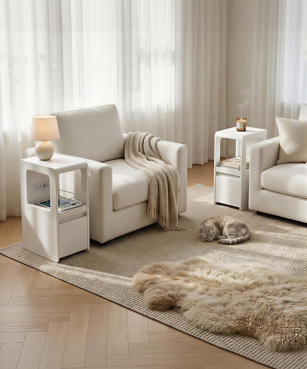 Narrow Side Table Small End Table with Charging Station White Skinny End Tables with Drawers Slim Wood Nightstand Modern Couch Sofa Side Tables Tray for Living Room Bedroom Small Spaces