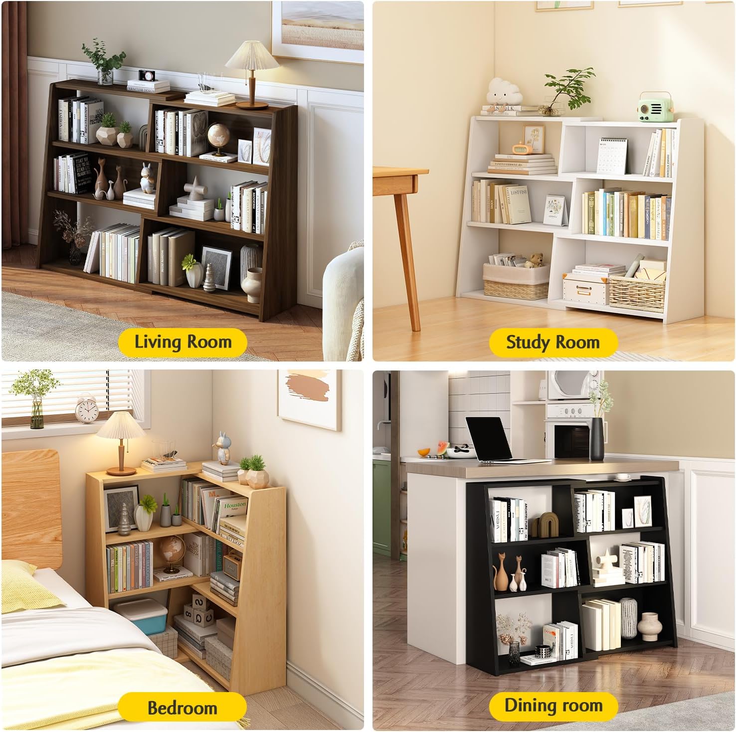 IOTXY Wooden Extendable Shelf Bookcase - 3-Tier Ladder Low Short Bookshelf for Small Space or Corner, Dark Walnut, S