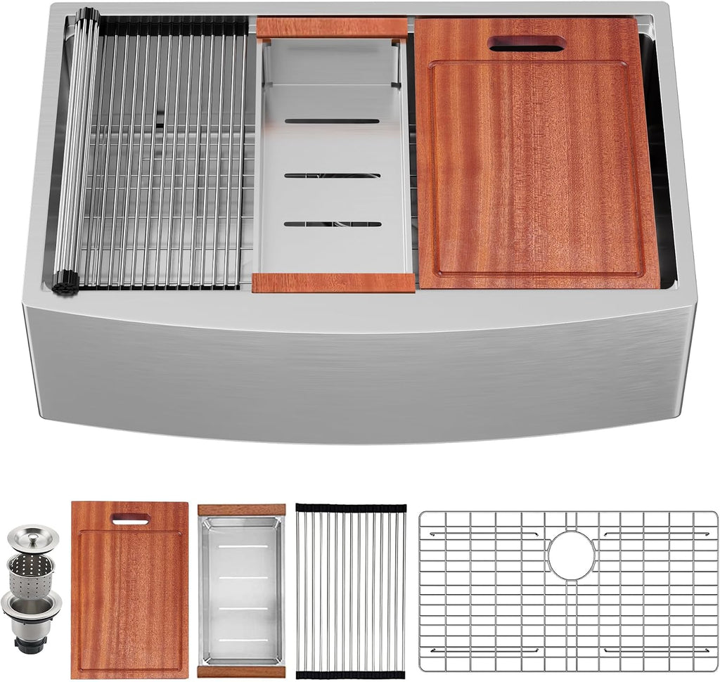 33x22 Inch Farmhouse Kitchen Sink – ALWEN 16 Gauge Scratch-Resistant Stainless Steel Workstation Apron Front Single Bowl Sink, R10 Radius, Ledge & Accessories Included