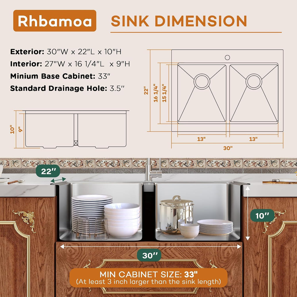 Rhbamoa 30 Inch Double Farmhouse Sink,16-Gauge T304 Stainless Steel Drop In Farm Sink,50/50 Topmount Double Bowl Apron Front Farm Sinks,10 Inch Deep Workstation Sinks with All Accessories