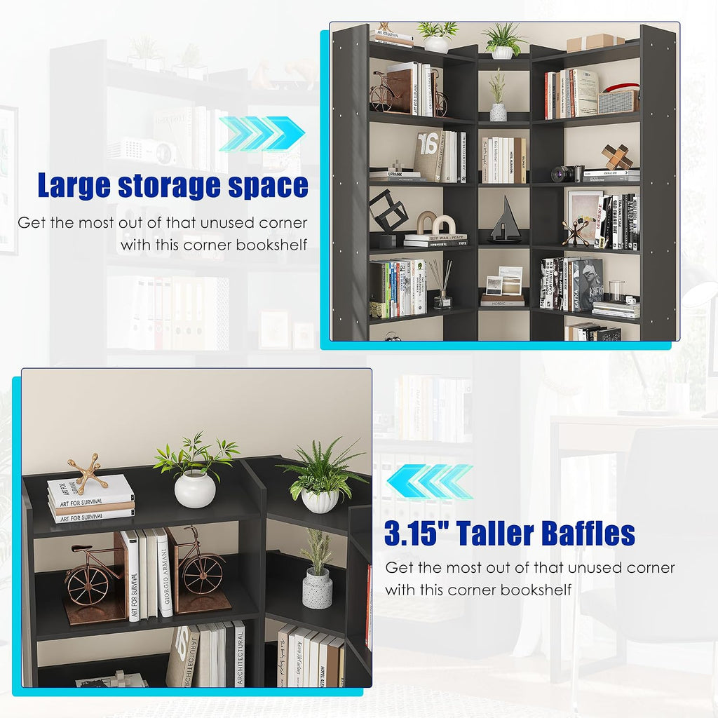 Nosepen 70.8' Tall Corner Bookshelf and Bookcases, 7 Tiers Morden Large Etagere Bookcases Storage Display Rack with Baffle, Industrial L-Shaped Bookshelves for Bedroom, Home Office, Living Room, Black