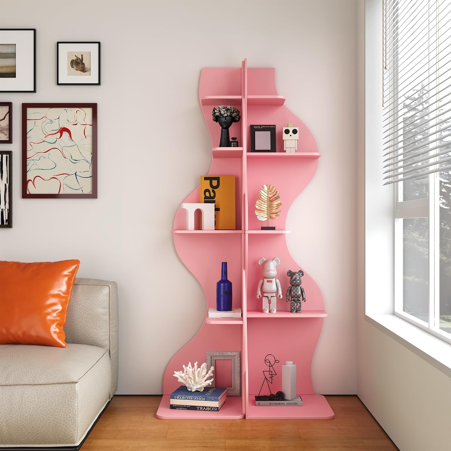 YOWOS 69.4' 5-Tier Modern Corner Bookshelf – Wavy Wooden Display Shelf with Storage, Narrow Corner Bookcase for Small Spaces, Ideal for Plants, Books & Decor (Pink)