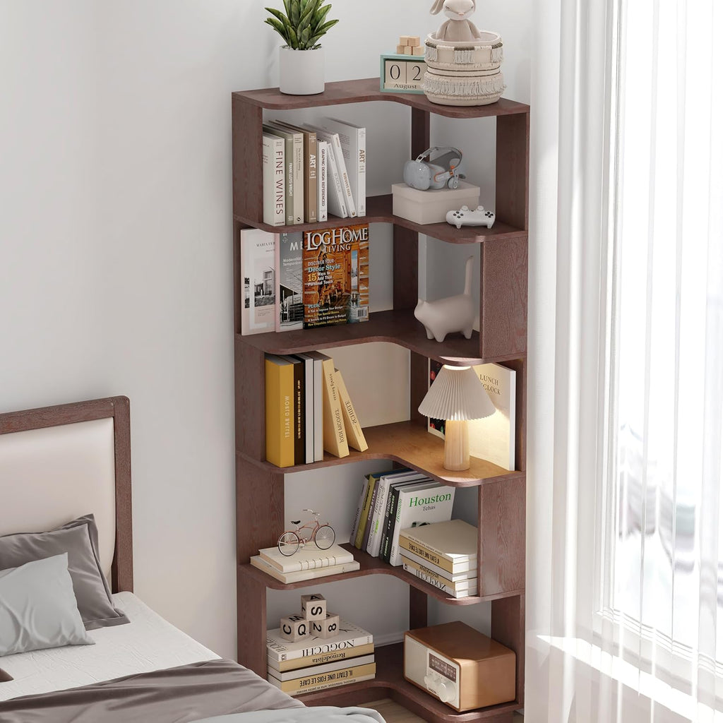 GDFStudio 64.6' Tall L-Shaped Corner Bookshelf, 6-Tier Freestanding Corner Shelf Bookcase with Anti-Drop Panels, Wooden Open Back Display Shelves Organizer for Living Room Bedroom Office, Ox Blood Red