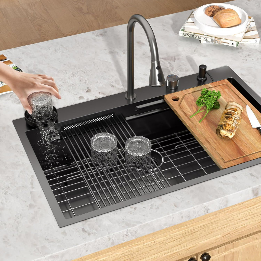 36 Inch Black Drop In Kitchen Sink with Faucet Waterfall 16 Gauge Stainless Steel Workstation All-In One Single Bowl 3-Holes Sink with Cup Washer, Soap Dispenser, Gunmetal Black #TLWF-0032