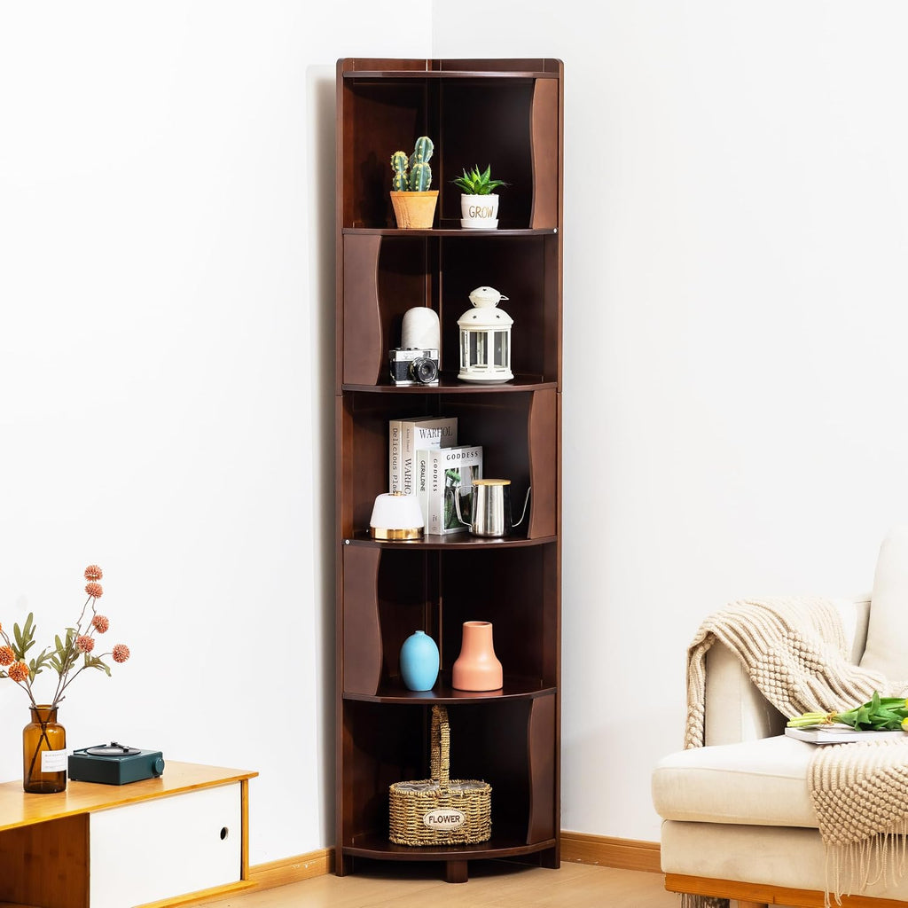 5-Tier Bamboo Corner Shelf Freestanding Fan-Shaped Storage Rack, Space-Saving Corner Cabinet for Living Room or Bedroom, Easy to Assemble, Dark Walnut
