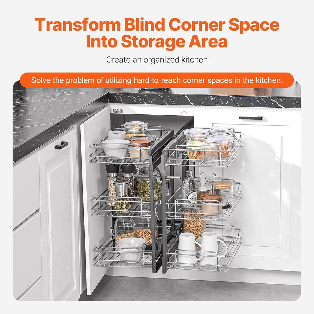 VEVOR 3 Tier 6 Shelf Chrome Carbon Steel Kitchen Cabinet Organizer, Slide Out Storage, Space Saving, Silver, For 15' Width, Food, Jars, Cans, Cookware, Pans, Mugs