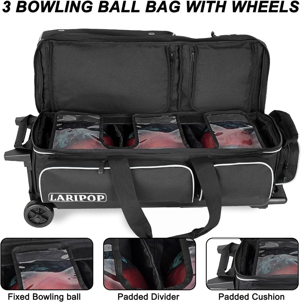 LARIPOP 3 Ball Bowling Bag with Wheels and Shoe Compartment, Rolling Bowling Bag for 3 Balls, Heavy Duty Bowling Roller Bag with Retractable Handle for Men Women