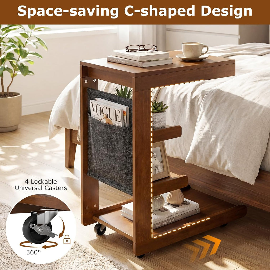 Giantex C-Shaped End Table with Wheels, Set of 2 Wood Rolling Side Table w/Adjustable Desktop, Edge Stopper, Side Pocket & 3 Storage Shelves, Sofa Couch Bedside TV Tray for Living Room Bedroom (Brown)