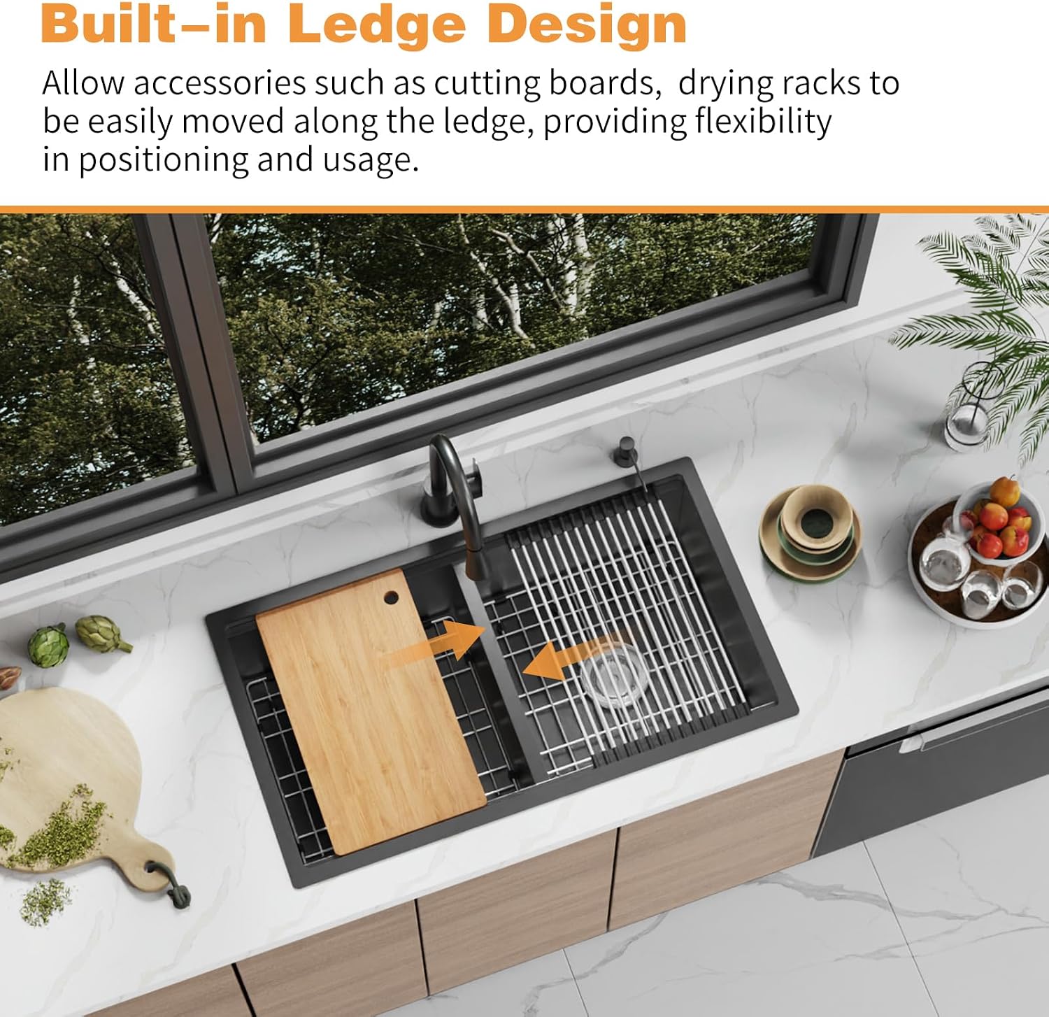 Black 33'x19' Kitchen Sink Workstation - 50/50 Double Bowl Stainless Steel Undermount Kitchen Sink Built-in Ledge Drop In Workstation Sink For Placing/Sliding Accessories-Cutting Board,Drying Rack