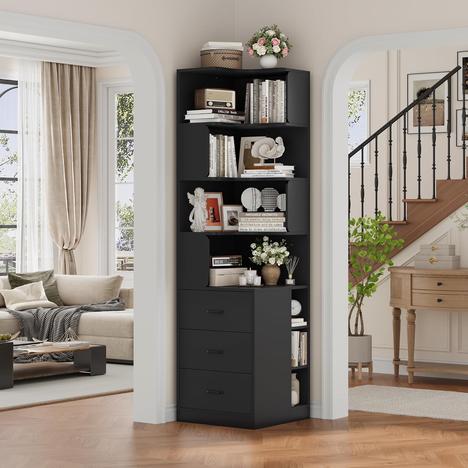 FACBOTALL 76.8' Corner Bookshelf with 3 Drawers and 3 Side Storage Cubbies, L Shaped Tall Bookshelf and Bookcase, 4 Tier Corner Bookcase, Wood Narrow Book Shelf for Living Room, Office, Black