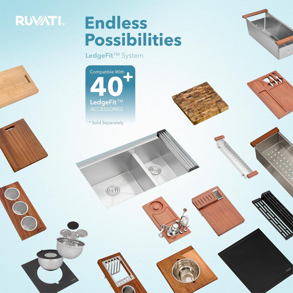Ruvati 33-inch Workstation 60/40 Double Bowl Undermount 16 Gauge Stainless Steel Ledge Kitchen Sink - RVH8356