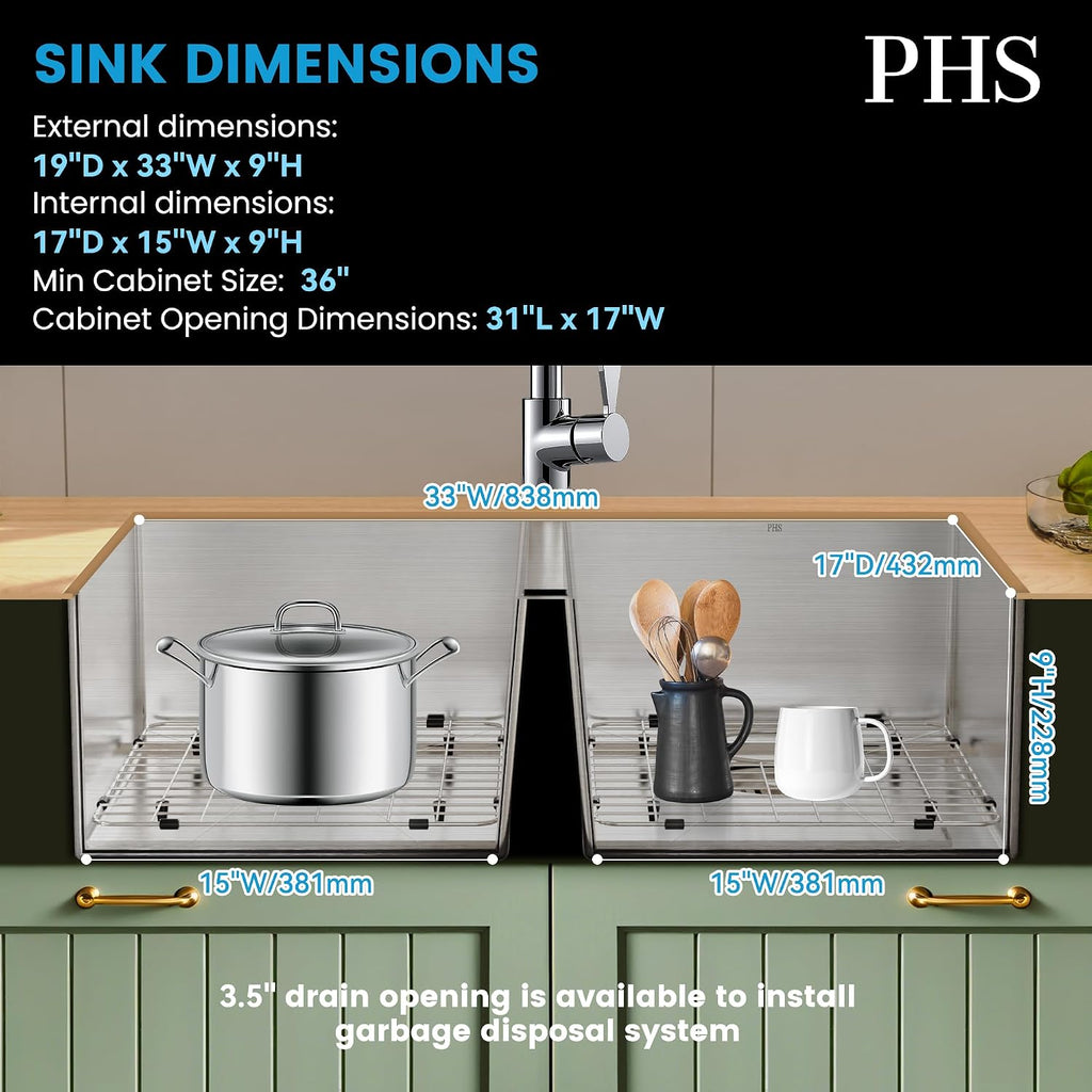PHS 33-Inch Undermount -50/50 Double Bowl 16 Gauge Stainless Steel Kitchen Sink with Accessories, 9 Inch Deep Sinks with Brushed Finish