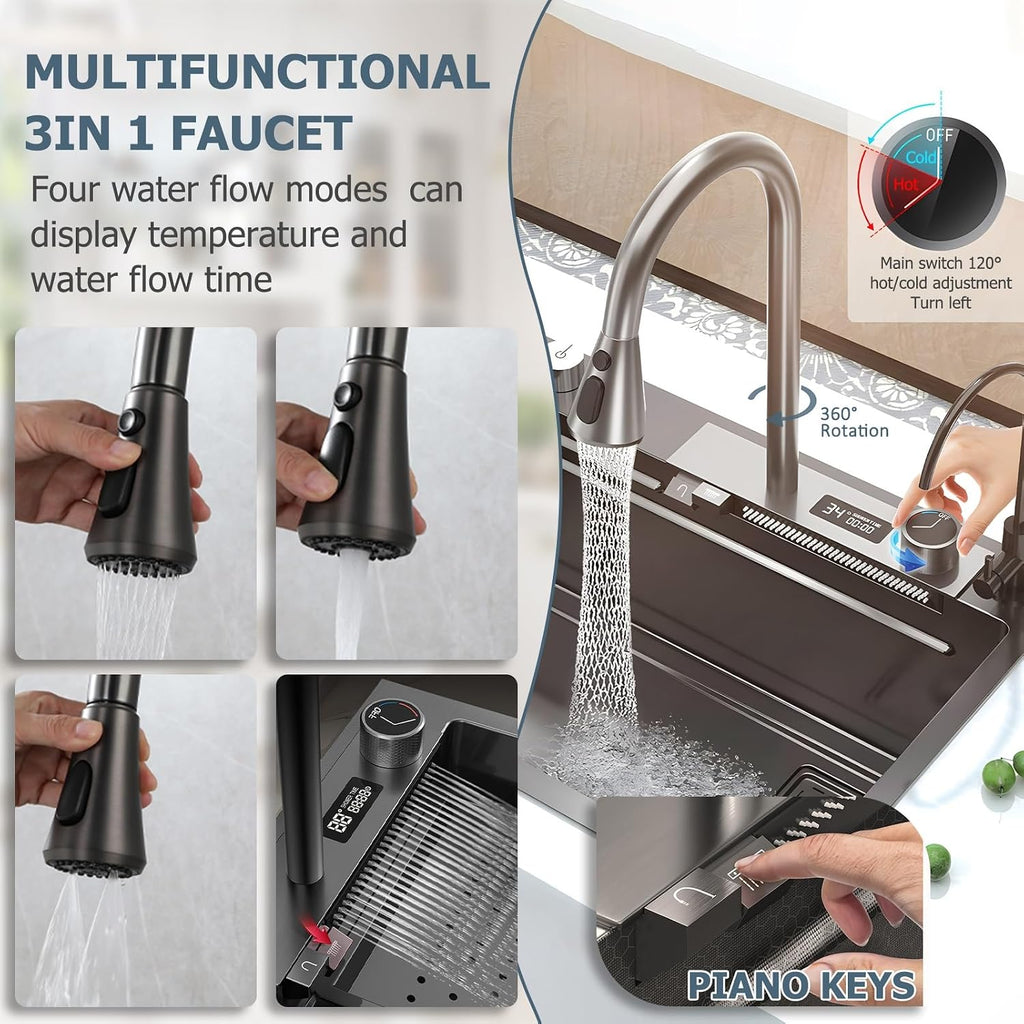Single Bowl Kitchen Sink Stainless Steel Waterfall Sink with 3 in 1Pull-Out Tap, Chopping Board, and Cup Washer Multi-Functional Bar Sink Drop-in Or Undermount Installation(68x46cm)