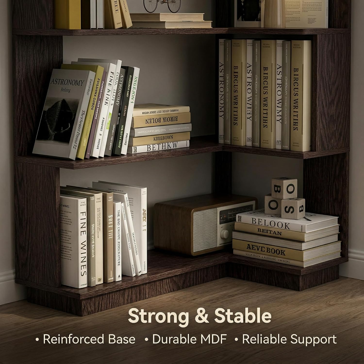 6 Tier Corner Bookshelf, Freestanding L-Shaped Wooden Bookcase with Open Shelves, Anti-Fall Panels and Anti-Tipping Device for Living Room, Home Office (Ox Blood Red with Left Extension)